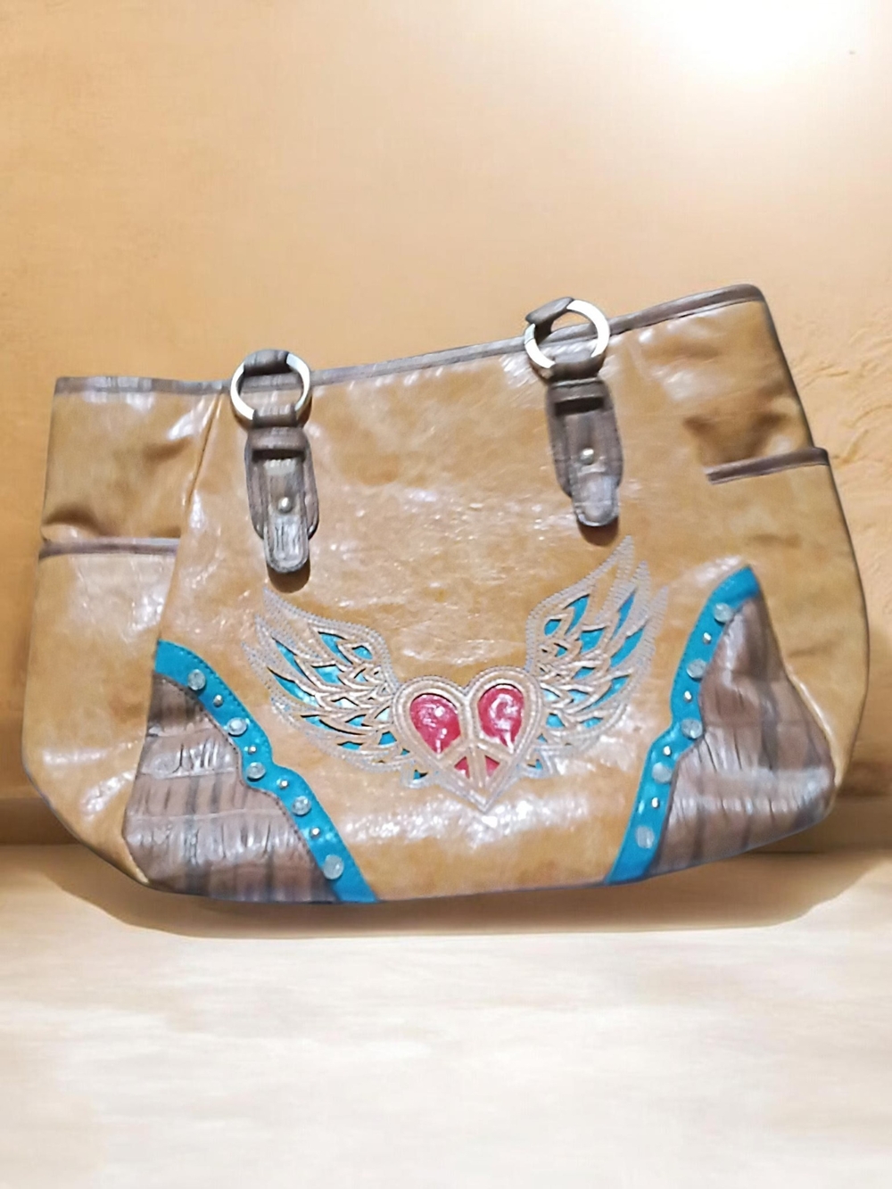 Tan Winged Heart Accent Purse/Bag with Turquoise Trim